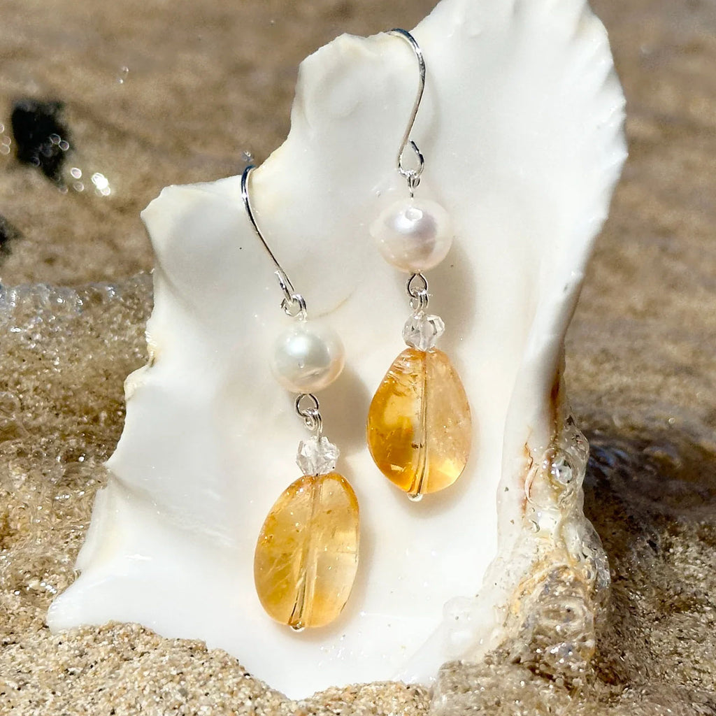 Sunshine and pearl drops, sunny yellow citrine gemstones with a Herkimer Diamond and a pretty pearl, how can we not be happy.