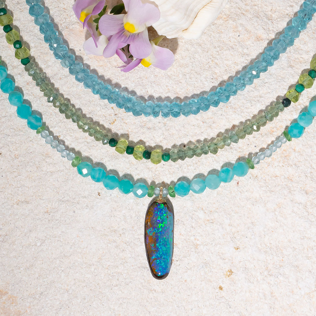 Discover the cool waterfall colours of Amazonite, Aquamarine, Tsavorite and Australian Boulder Opal.